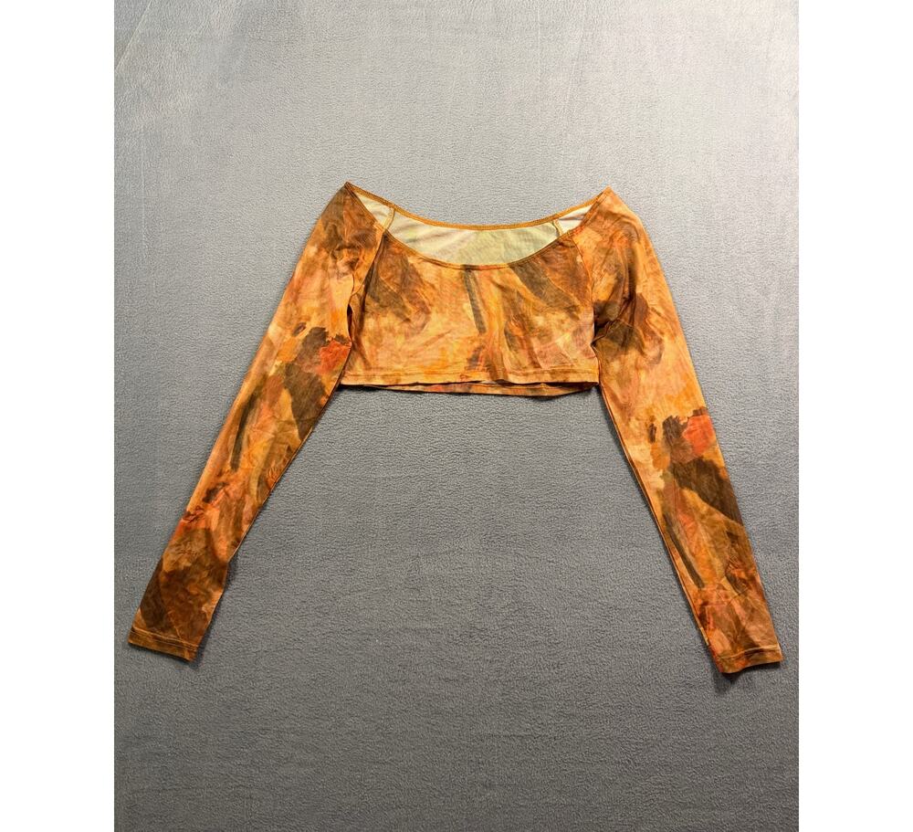 Dazy Orange Brown Abstract Print Mesh Long Sleeve Crop Top Scoop Neck Medium